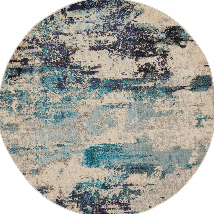 5' x 5' Ivory and Teal Blue Round Abstract Power Loom Non Skid Area Rug