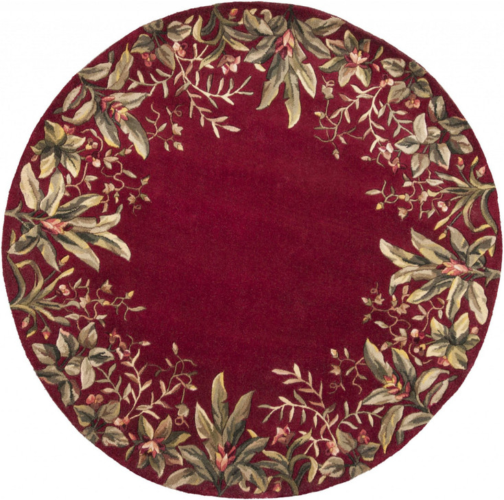 6' Round Ruby Red Wool Floral Area Rug