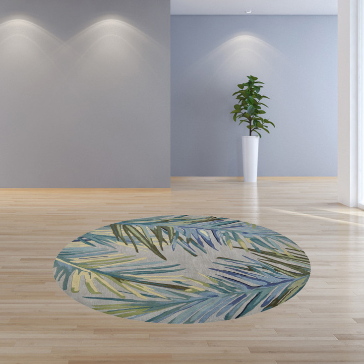 6' Grey Blue Hand Tufted Tropical Palms Round Indoor Area Rug