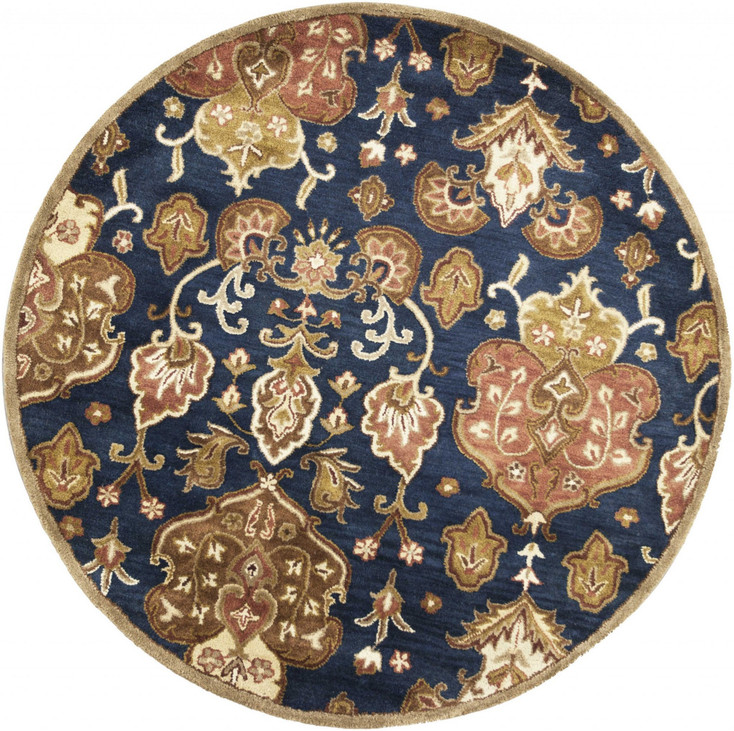 6' Navy Blue Round Wool Medallion Hand Tufted Area Rug