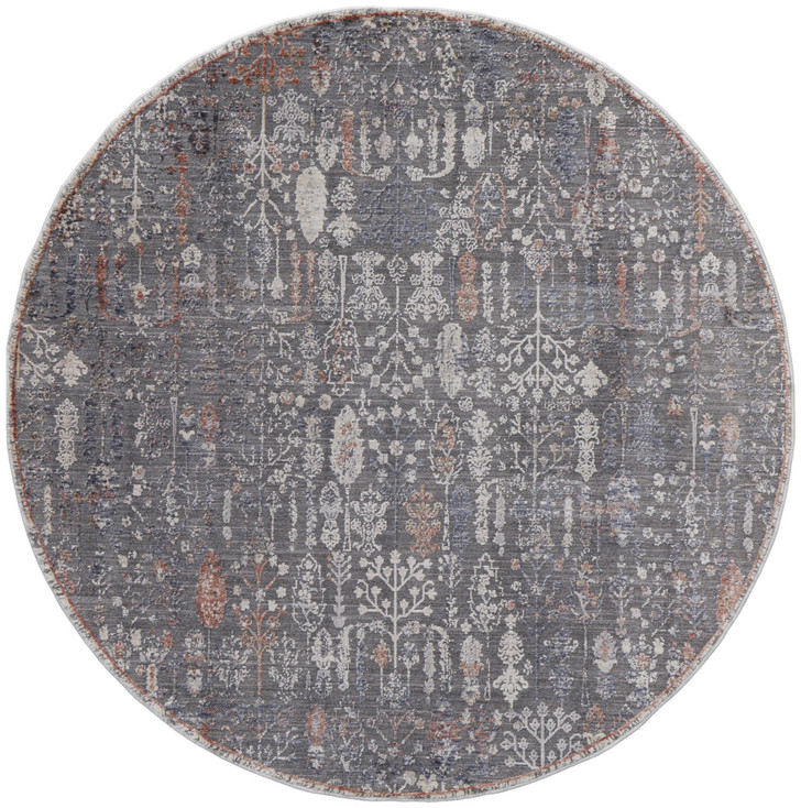 6' Gray Ivory and Orange Round Floral Power Loom Area Rug