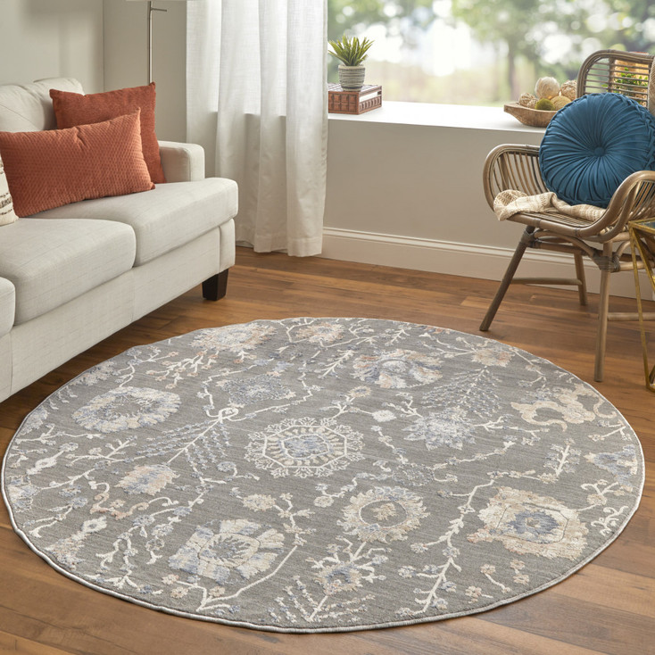 6' Gray Ivory and Tan Round Floral Power Loom Area Rug