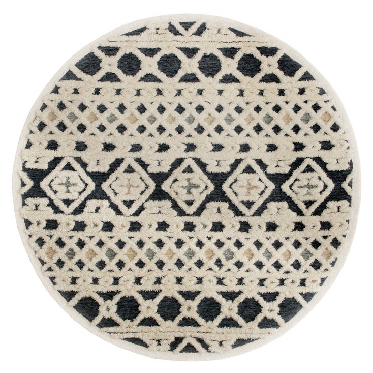 6' Blue and Ivory Round Wool Hand Tufted Area Rug