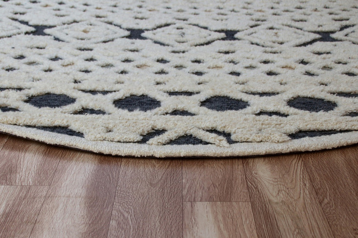 6' Blue and Ivory Round Wool Hand Tufted Area Rug