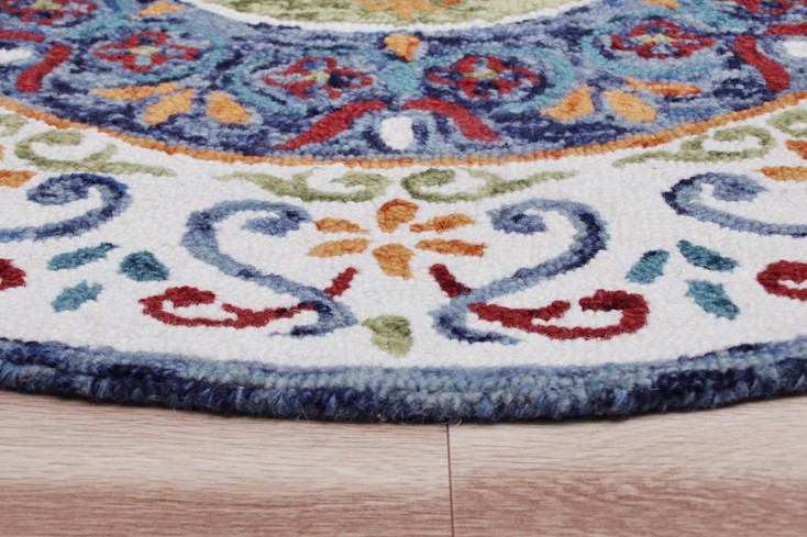 6' Blue and White Round Wool Hand Tufted Area Rug