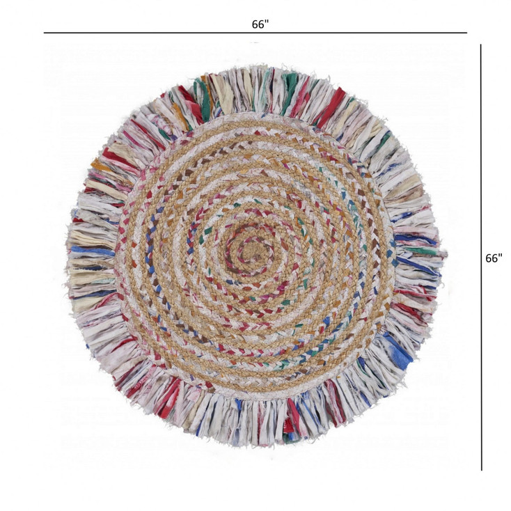 6' Bleached Multicolored Chindi and Natural Jute Fringed Round Rug