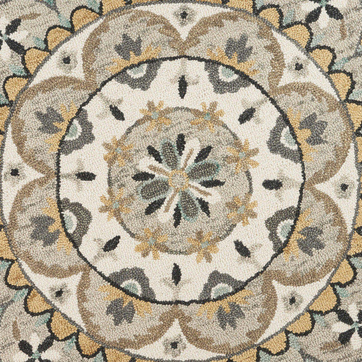 6' Gray and Black Round Wool Floral Dhurrie Handmade Area Rug