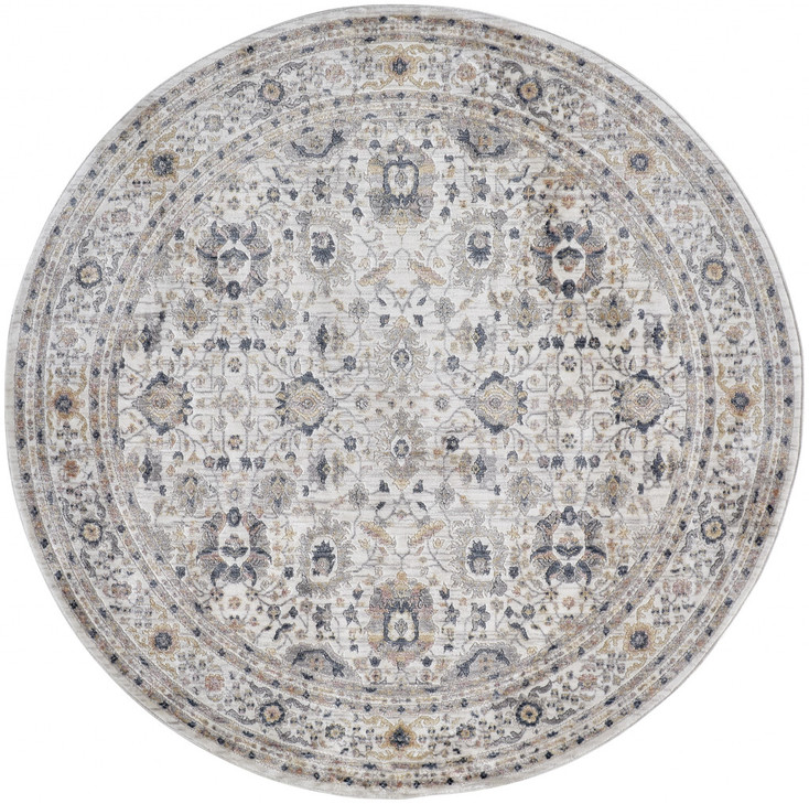 6' Tan Ivory and Blue Round Floral Stain Resistant Area Rug