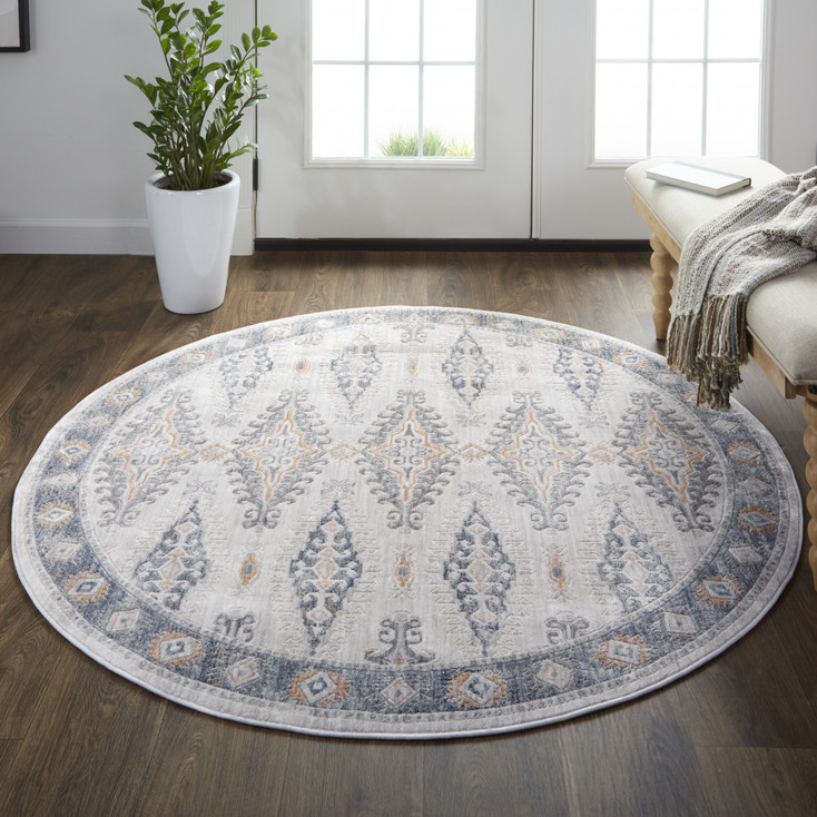 6' Gray Blue and Orange Round Floral Stain Resistant Area Rug