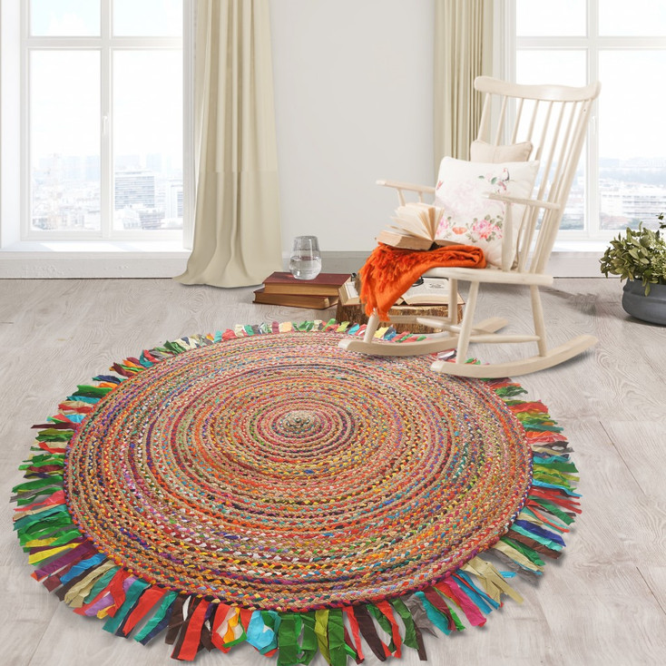 6' Multicolored Chindi and Natural Jute Fringed Round Rug