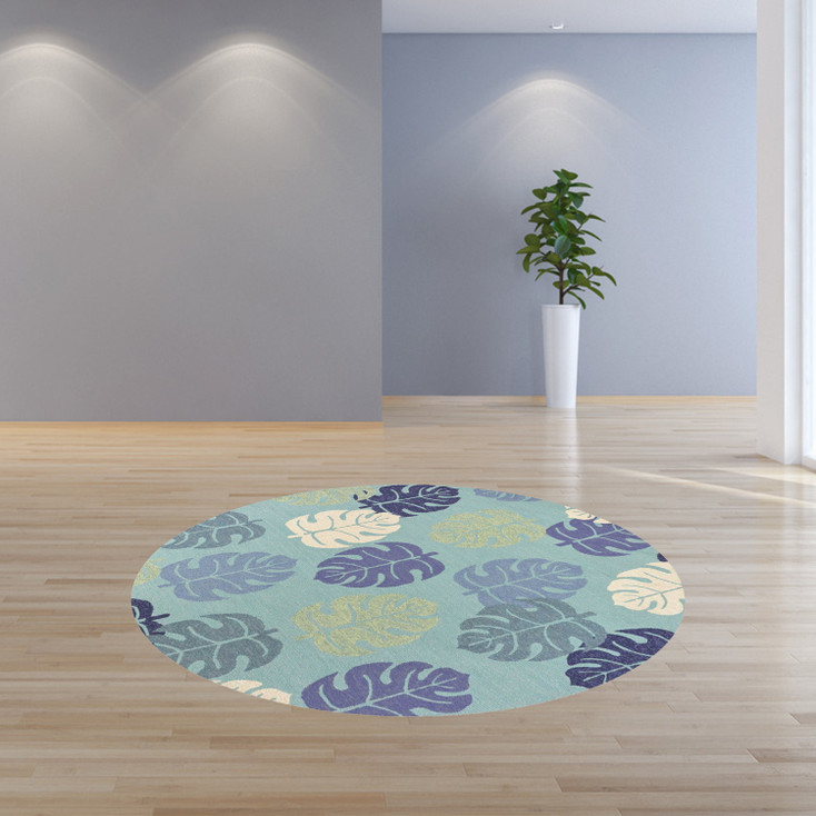 7' Round UV Treated Polypropylene Turquoise Area Rug