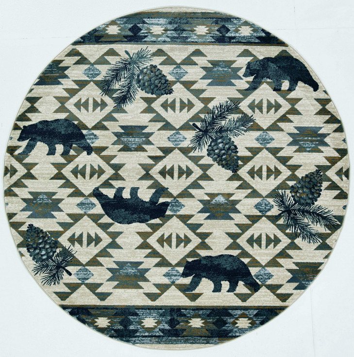 7' Round Ivory or Blue Geometric Lodge Pattern Indoor Area Rug