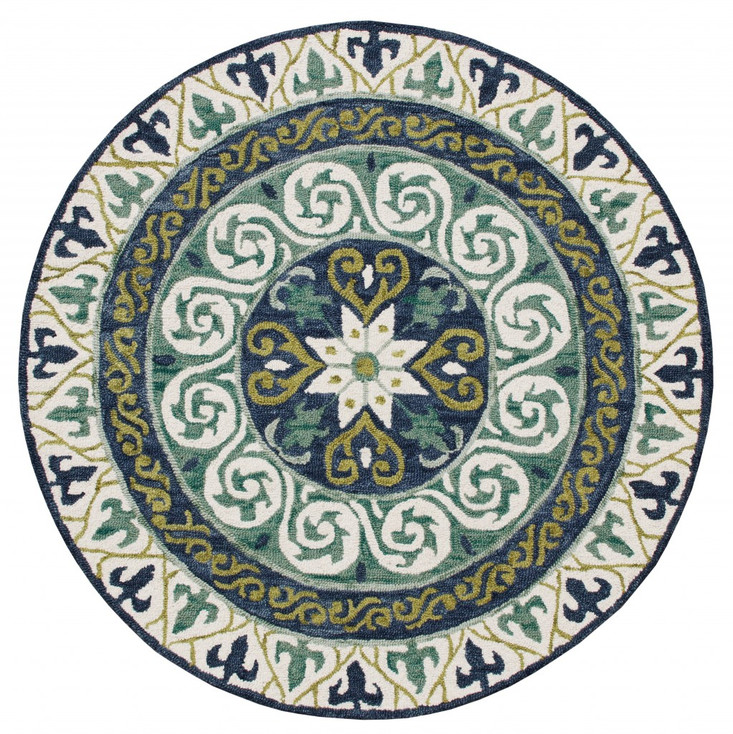 7' Round Blue and Green Ornate Medallion Area Rug