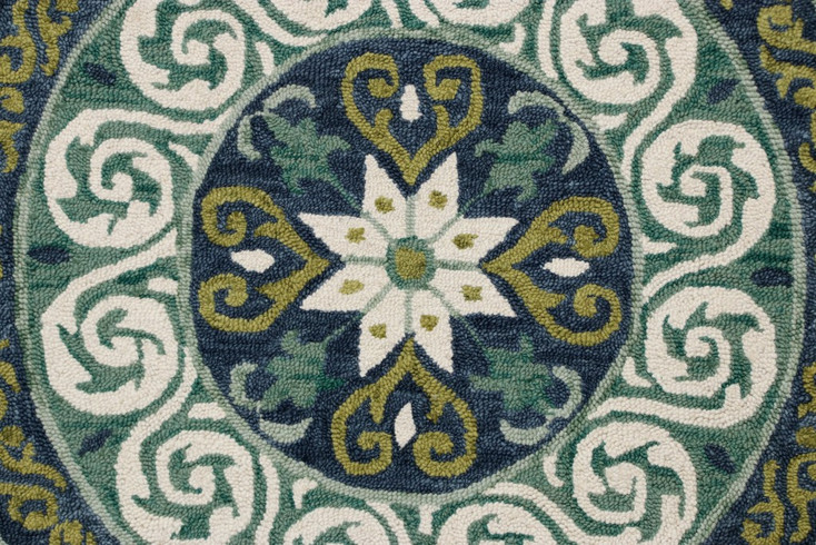 7' Round Blue and Green Ornate Medallion Area Rug
