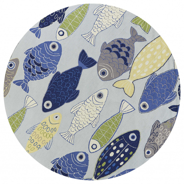 7' Round Light Blue School Of Fish Indoor Area Rug