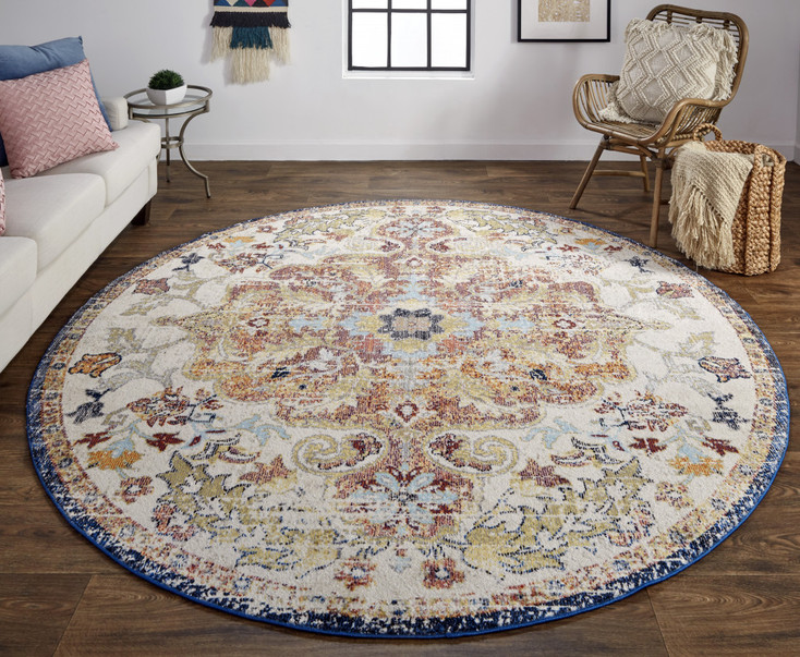 8' Ivory Gold and Blue Round Floral Stain Resistant Area Rug