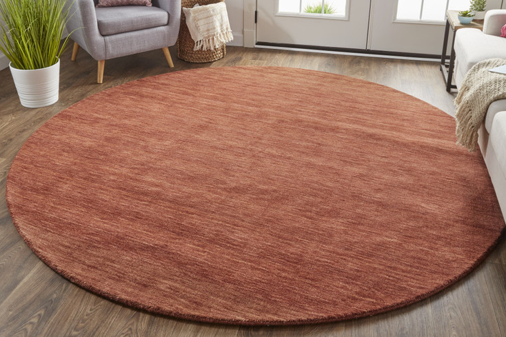 8' Orange and Red Round Wool Hand Woven Stain Resistant Area Rug