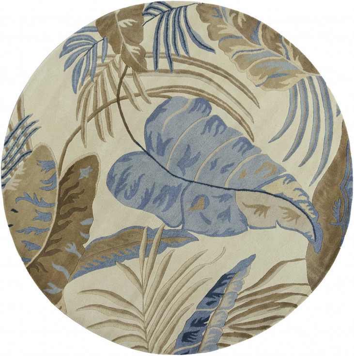 8' Ivory Blue Hand Tufted Tropical Leaves Round Indoor Area Rug