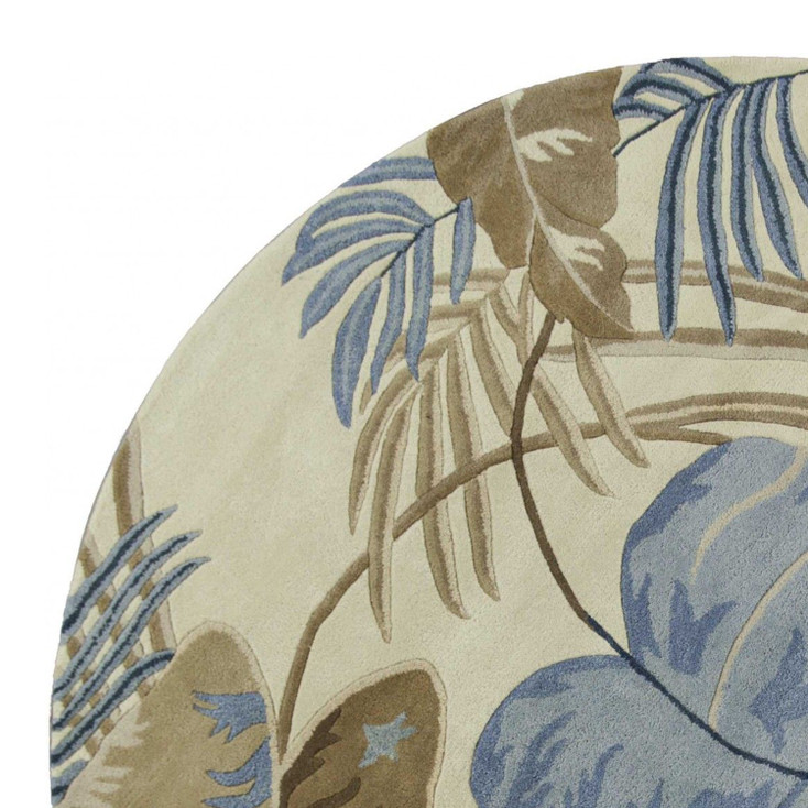 8' Ivory Blue Hand Tufted Tropical Leaves Round Indoor Area Rug
