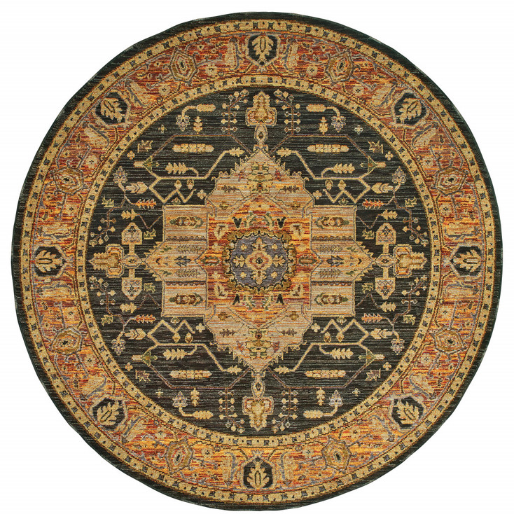 8' Gold Brown Grey Rust Green and Purple Round Oriental Power Loom Area Rug