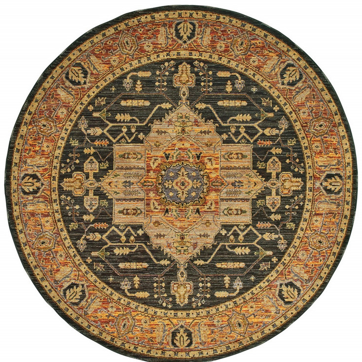 8' Gold Brown Grey Rust Green and Purple Round Oriental Power Loom Area Rug