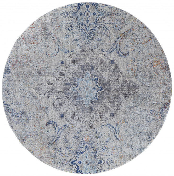 8' Ivory Taupe and Blue Round Floral Power Loom Distressed Stain Resistant Area Rug