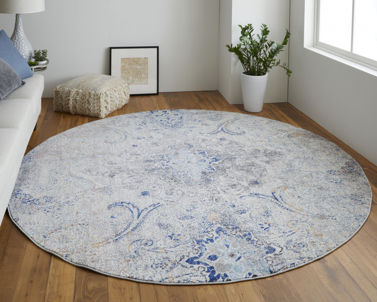 8' Ivory Taupe and Blue Round Floral Power Loom Distressed Stain Resistant Area Rug