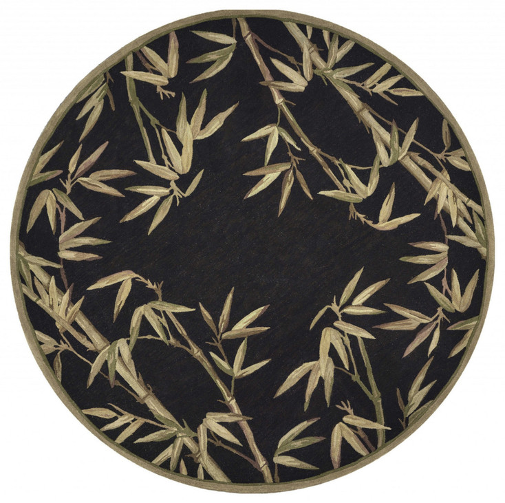 8' Black Hand Tufted Bordered Tropical Bamboo Round Indoor Area Rug