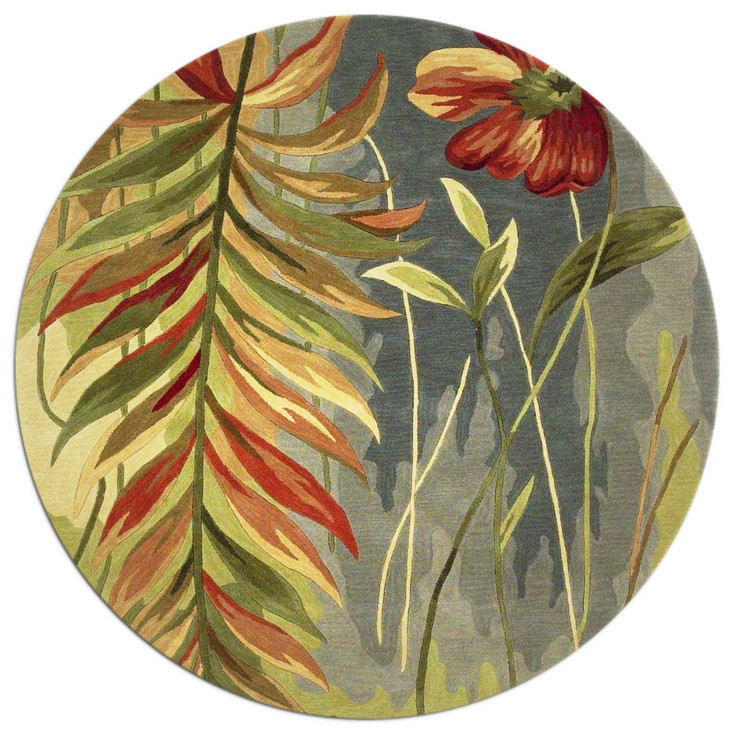 8' Blue and Green Round Wool Tropical Botanical Hand Tufted Area Rug