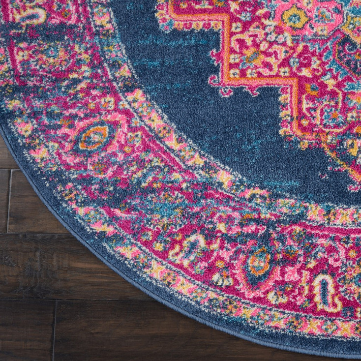 8' Blue Round Power Loom Area Rug