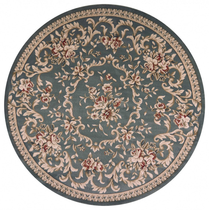 8' Round Slate Blue Floral Vine Bordered Indoor Area Rug