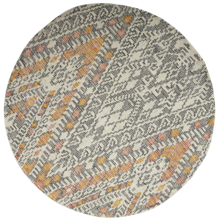 8' Gray Ivory and Orange Round Wool Geometric Tufted Handmade Area Rug