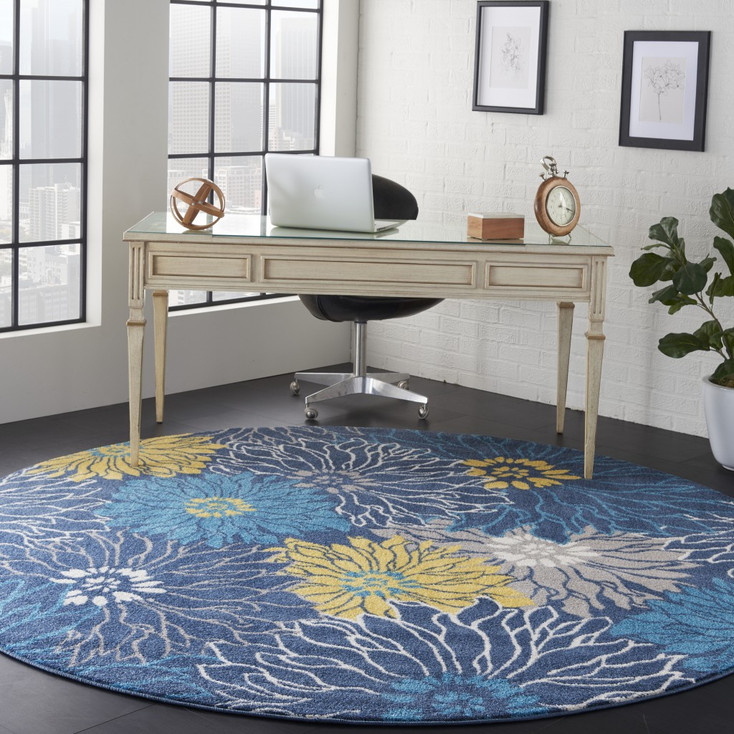 8' Blue Round Floral Power Loom Polypropylene Area Rug