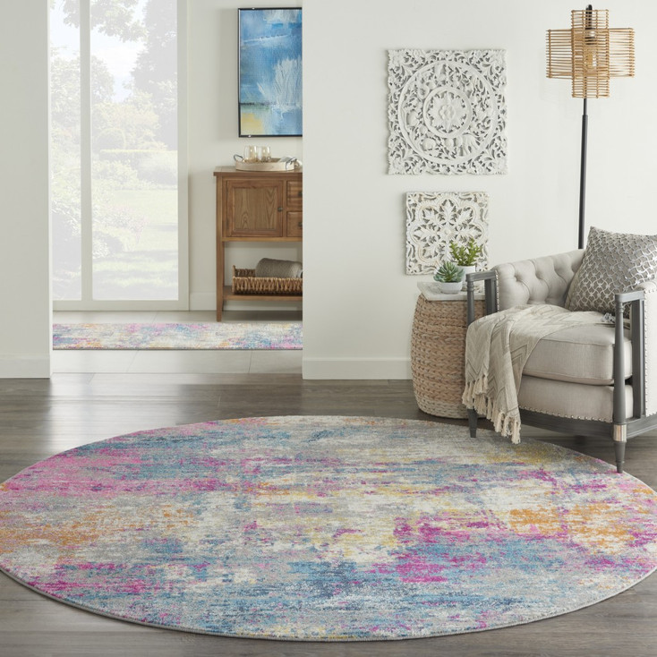 8' Blue and Pink Round Abstract Power Loom Area Rug