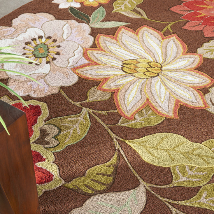 8' Brown Round Floral Hand Hooked Handmade Area Rug