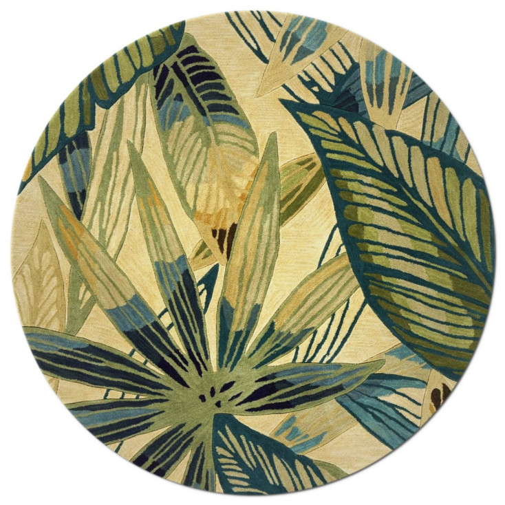 8' Ivory Teal Hand Tufted Tropical Leaves Round Indoor Area Rug