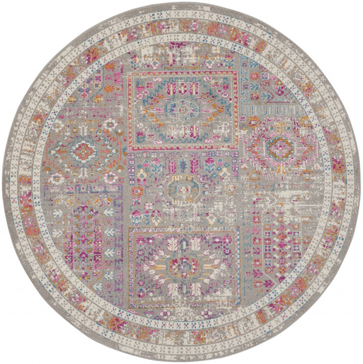 8' Pink and Gray Round Abstract Power Loom Area Rug