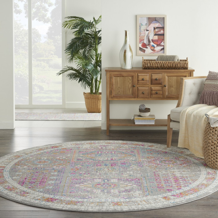 8' Pink and Gray Round Abstract Power Loom Area Rug