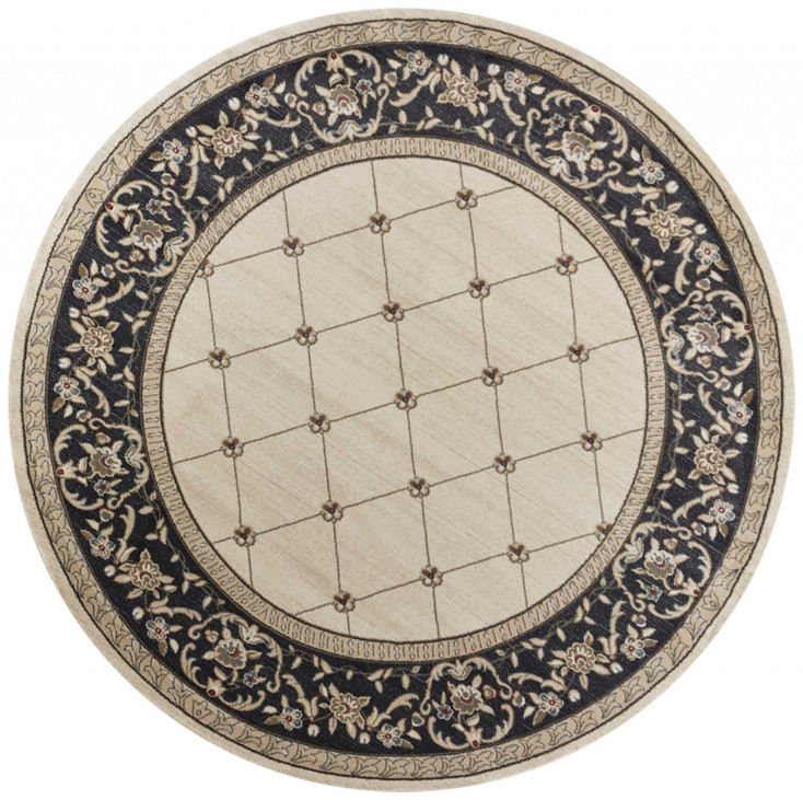 8' Ivory Grey Floral Round Indoor Polypropylene Area Rug