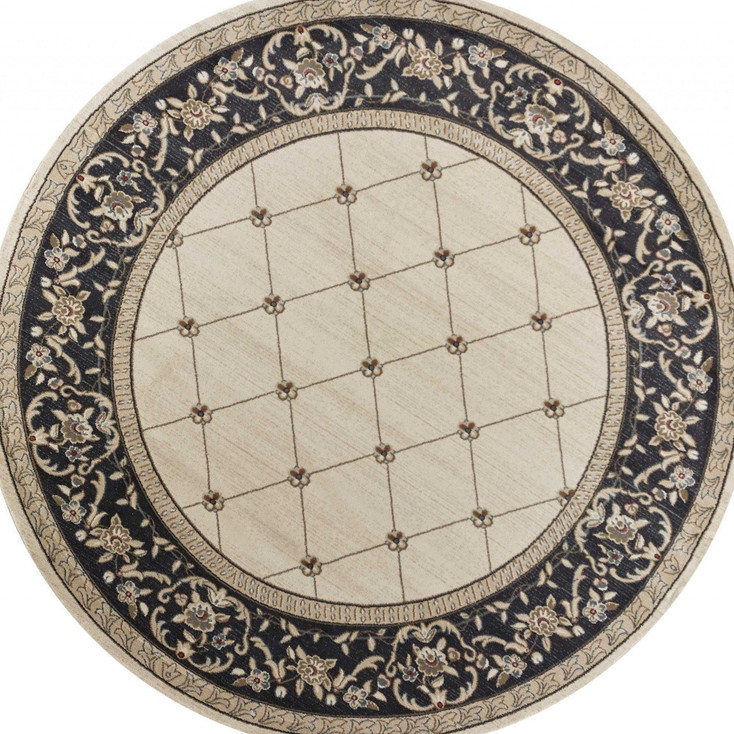 8' Ivory Grey Floral Round Indoor Polypropylene Area Rug