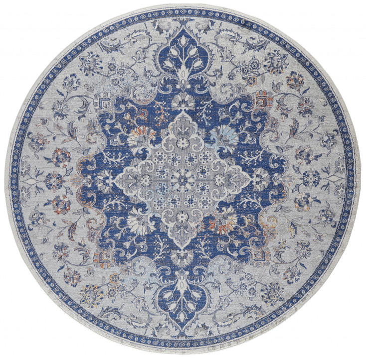 8' Gray Ivory and Blue Round Floral Power Loom Distressed Stain Resistant Area Rug