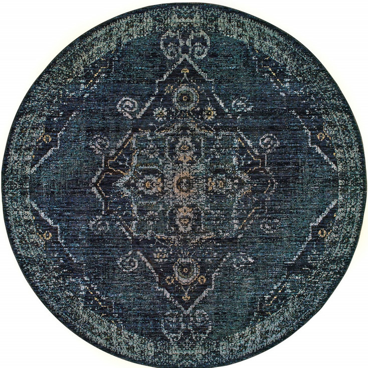 8' Blue and Brown Round Oriental Power Loom Stain Resistant Area Rug