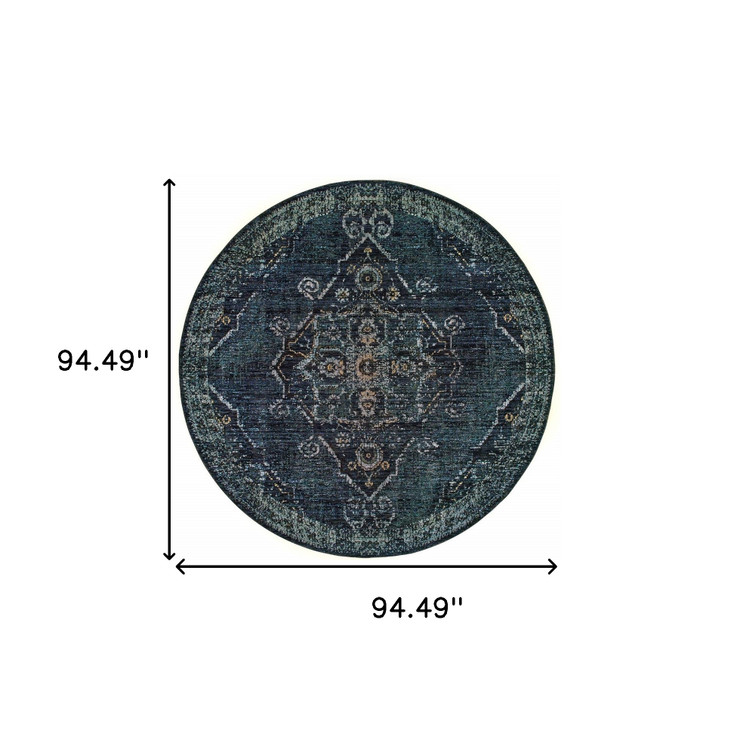 8' Blue and Brown Round Oriental Power Loom Stain Resistant Area Rug