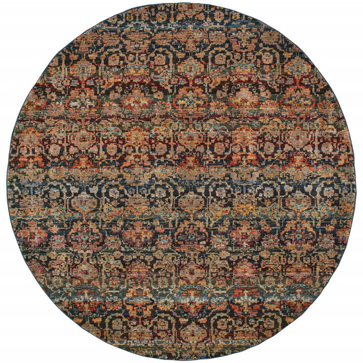 8' Multi and Blue Round Abstract Power Loom Stain Resistant Area Rug