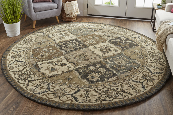 8' Blue Gray and Taupe Round Wool Paisley Tufted Handmade Stain Resistant Area Rug