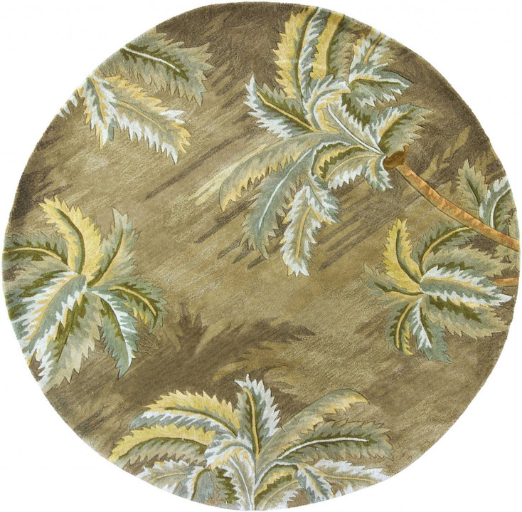 8' Moss Green Hand Tufted Tropical Trees Round Indoor Area Rug