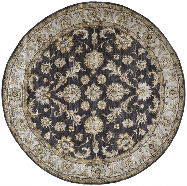 8' Blue Gray and Taupe Round Wool Floral Tufted Handmade Stain Resistant Area Rug