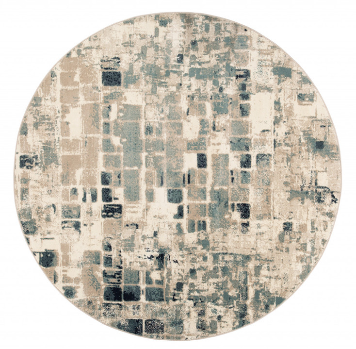 8' Blue and Beige Round Abstract Dhurrie Area Rug