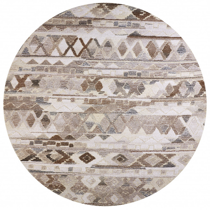 8' Ivory Tan and Gray Round Wool Abstract Tufted Handmade Area Rug