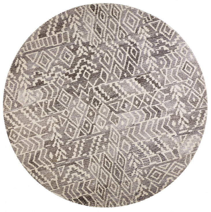 8' Gray and White Round Wool Abstract Tufted Handmade Area Rug